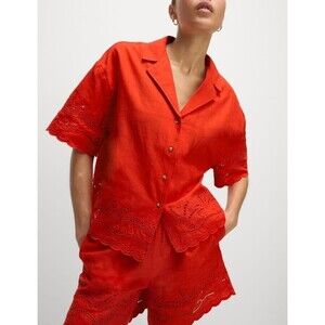 Anthropologie Blouse Top Women Small Orange Pineapple Eyelet Button Up Oversized